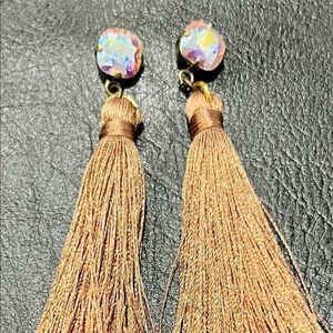 Mauve Colored Fringe and AB Crystal Boho Earrings